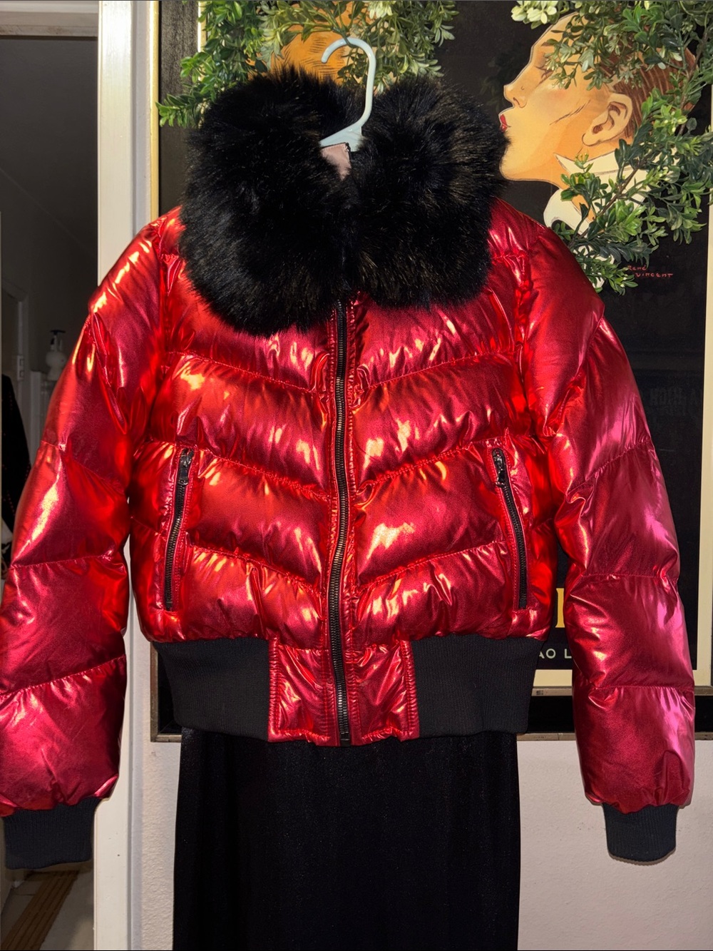 Jordan Craig Red Metallic Puffer Jacket with Black Fur Collar (Unisex) - Picture 3 of 11